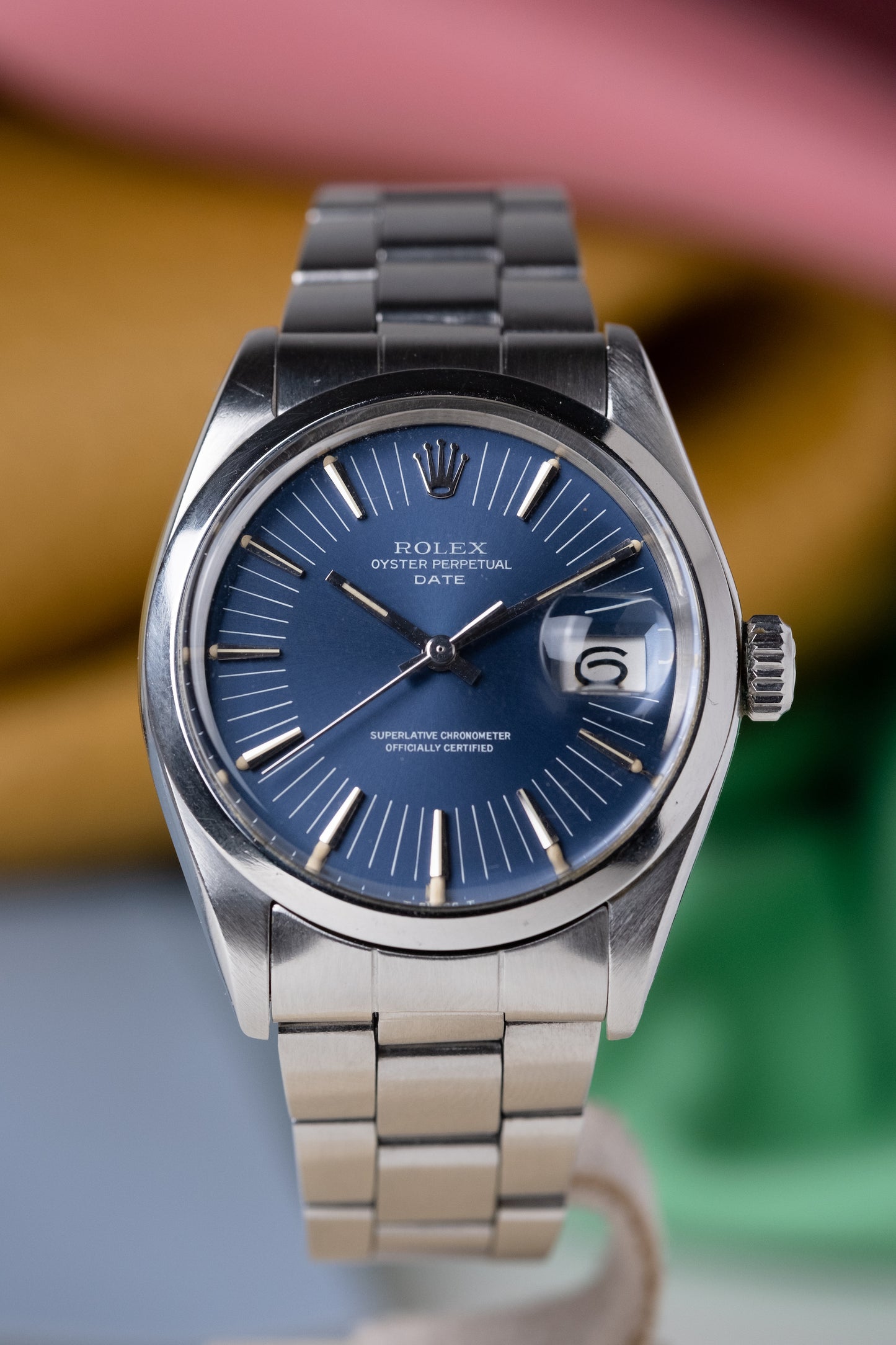 ROLEX Oyster Perpetual Date ref. 1500 RARE Long Index Blue Dial Box + Guarantee (1971)