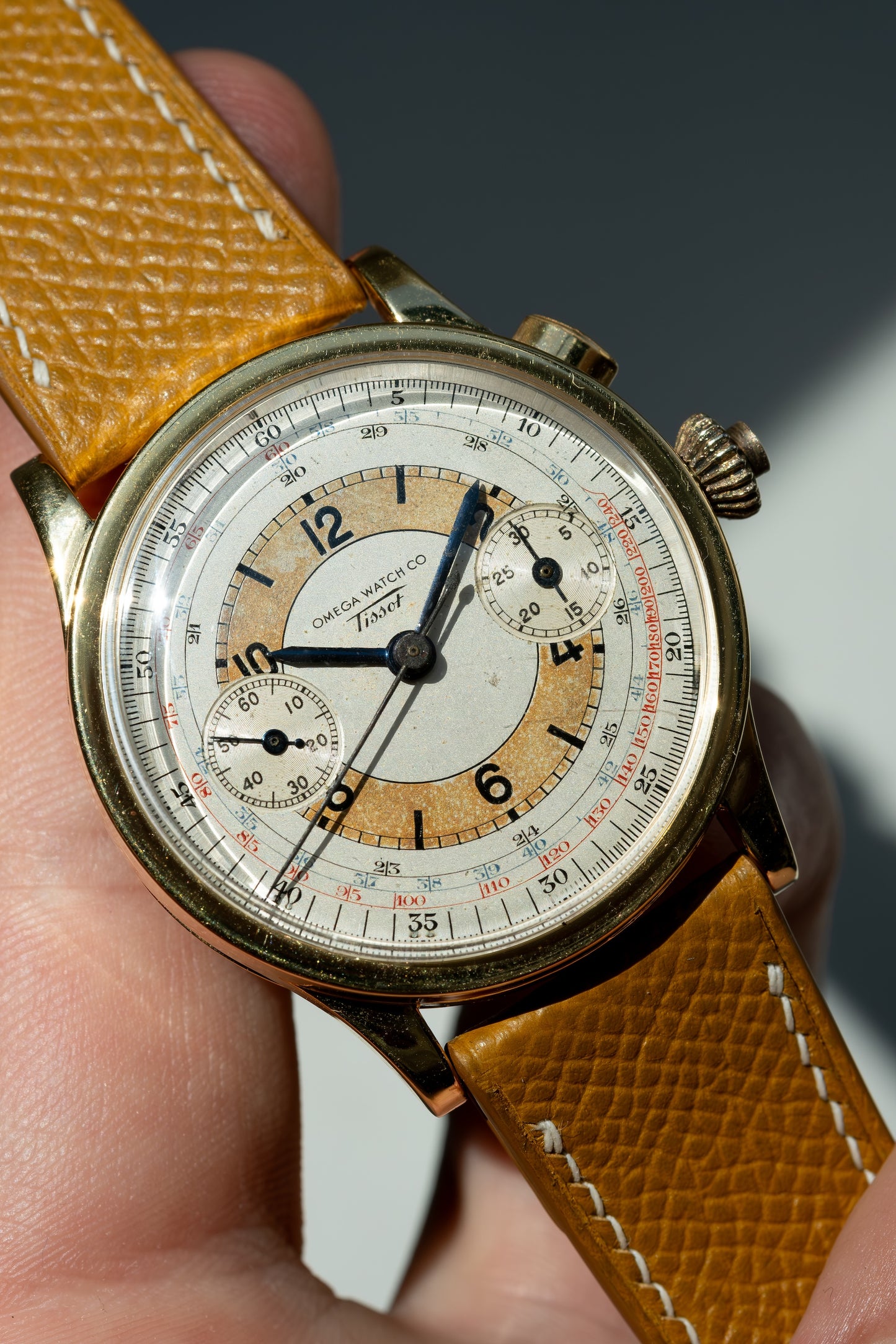 OMEGA TISSOT Single Pusher Chronograph Tropical Sector Dial Cal 15TL (c.1939)