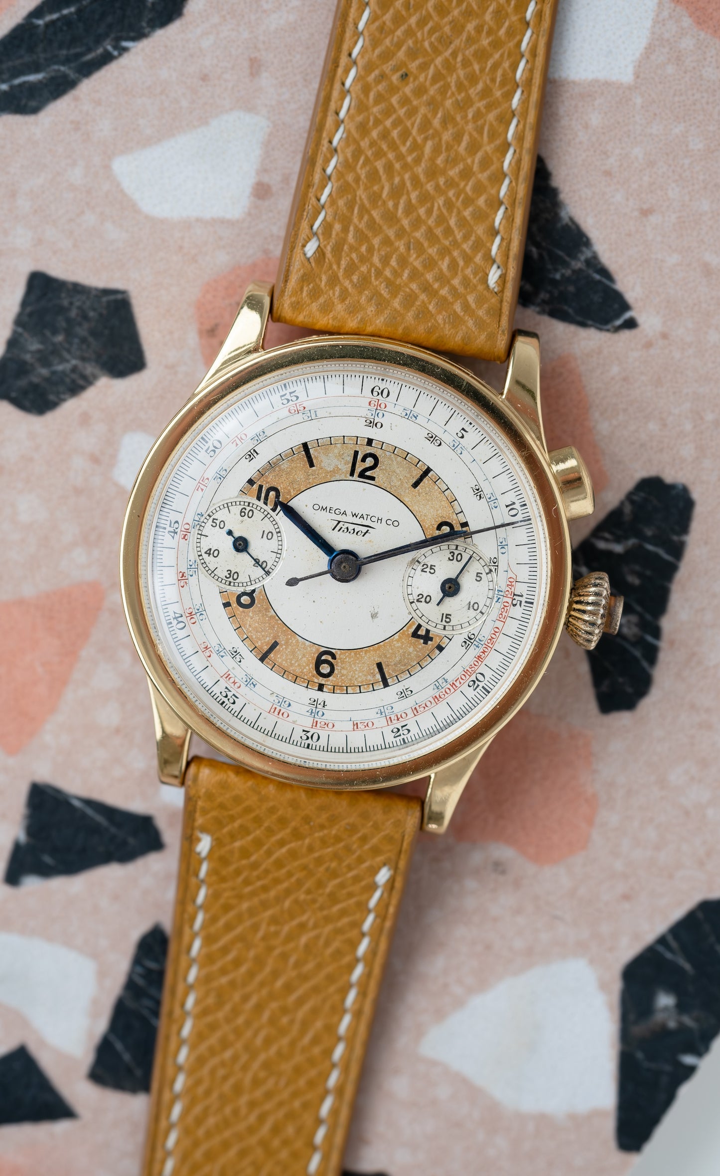 OMEGA TISSOT Single Pusher Chronograph Tropical Sector Dial Cal 15TL (c.1939)