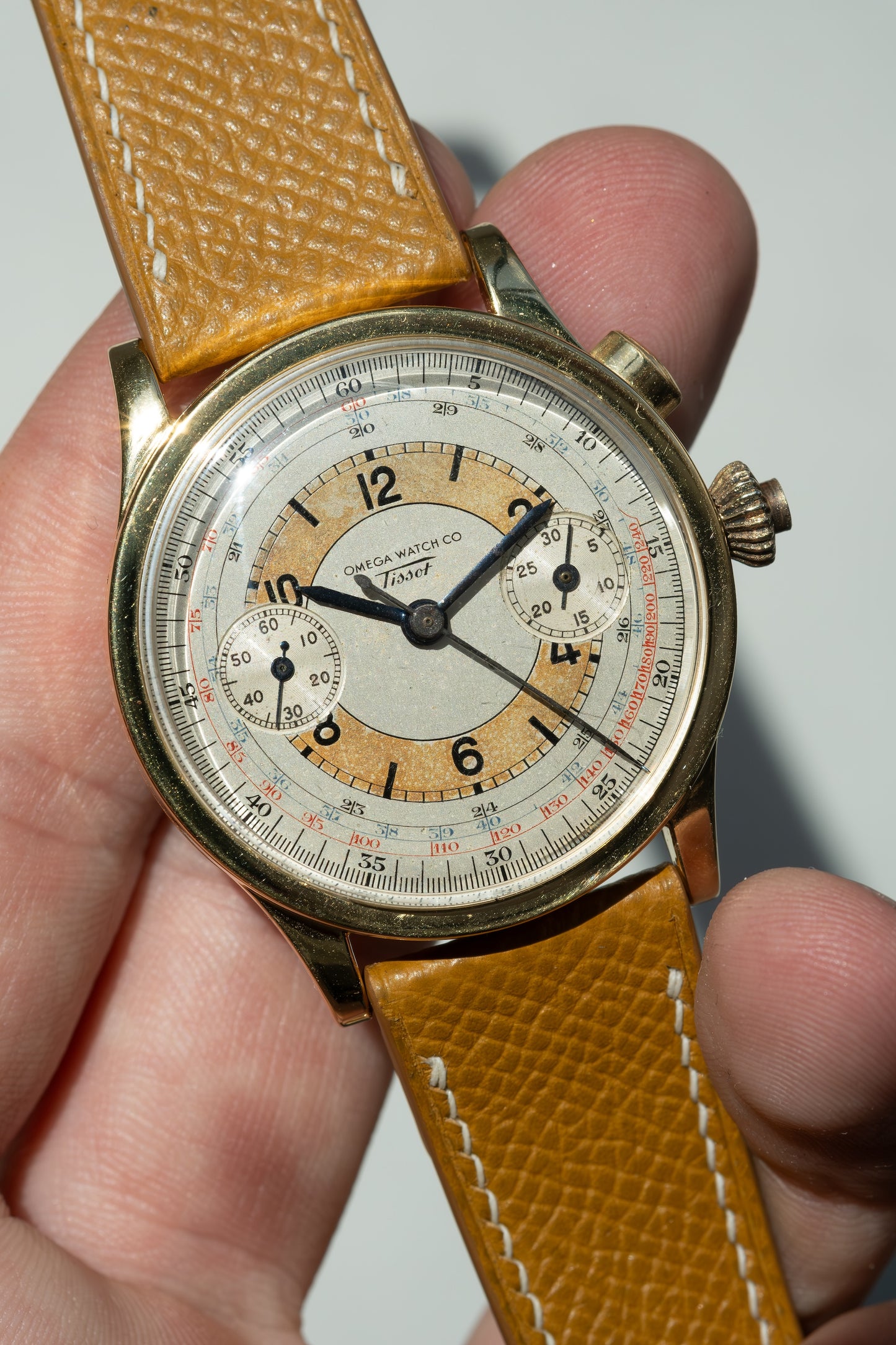 OMEGA TISSOT Single Pusher Chronograph Tropical Sector Dial Cal 15TL (c.1939)