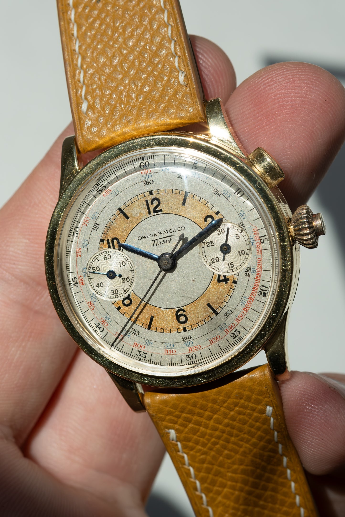 OMEGA TISSOT Single Pusher Chronograph Tropical Sector Dial Cal 15TL (c.1939)