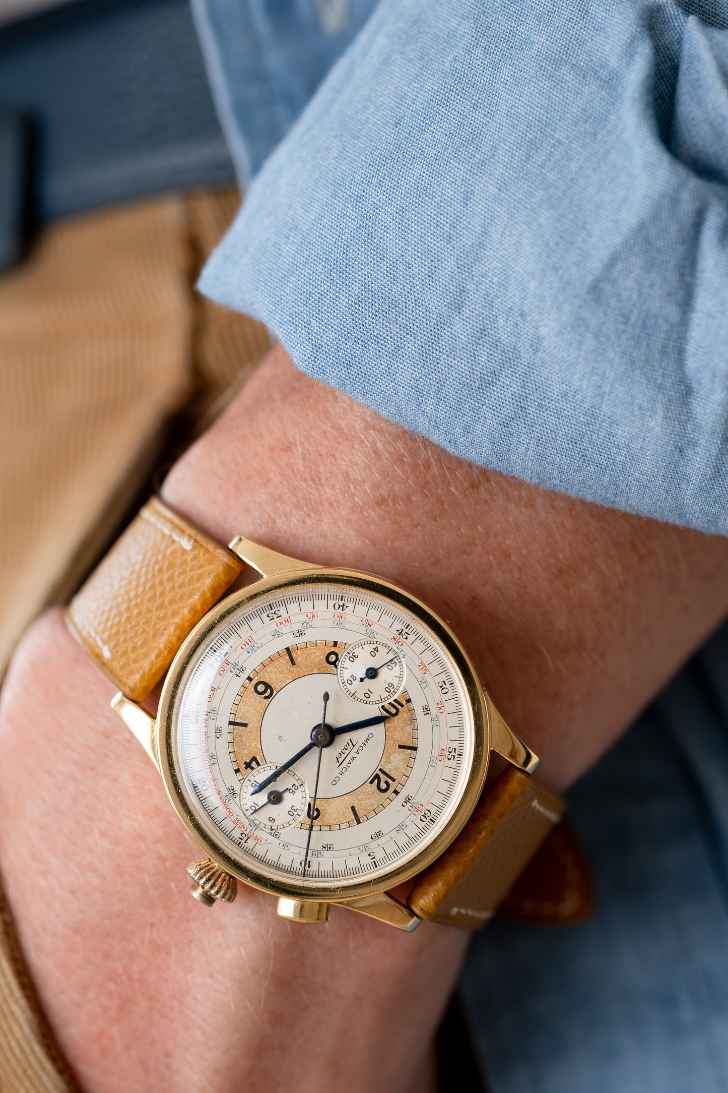 OMEGA TISSOT Single Pusher Chronograph Tropical Sector Dial Cal 15TL (c.1939)
