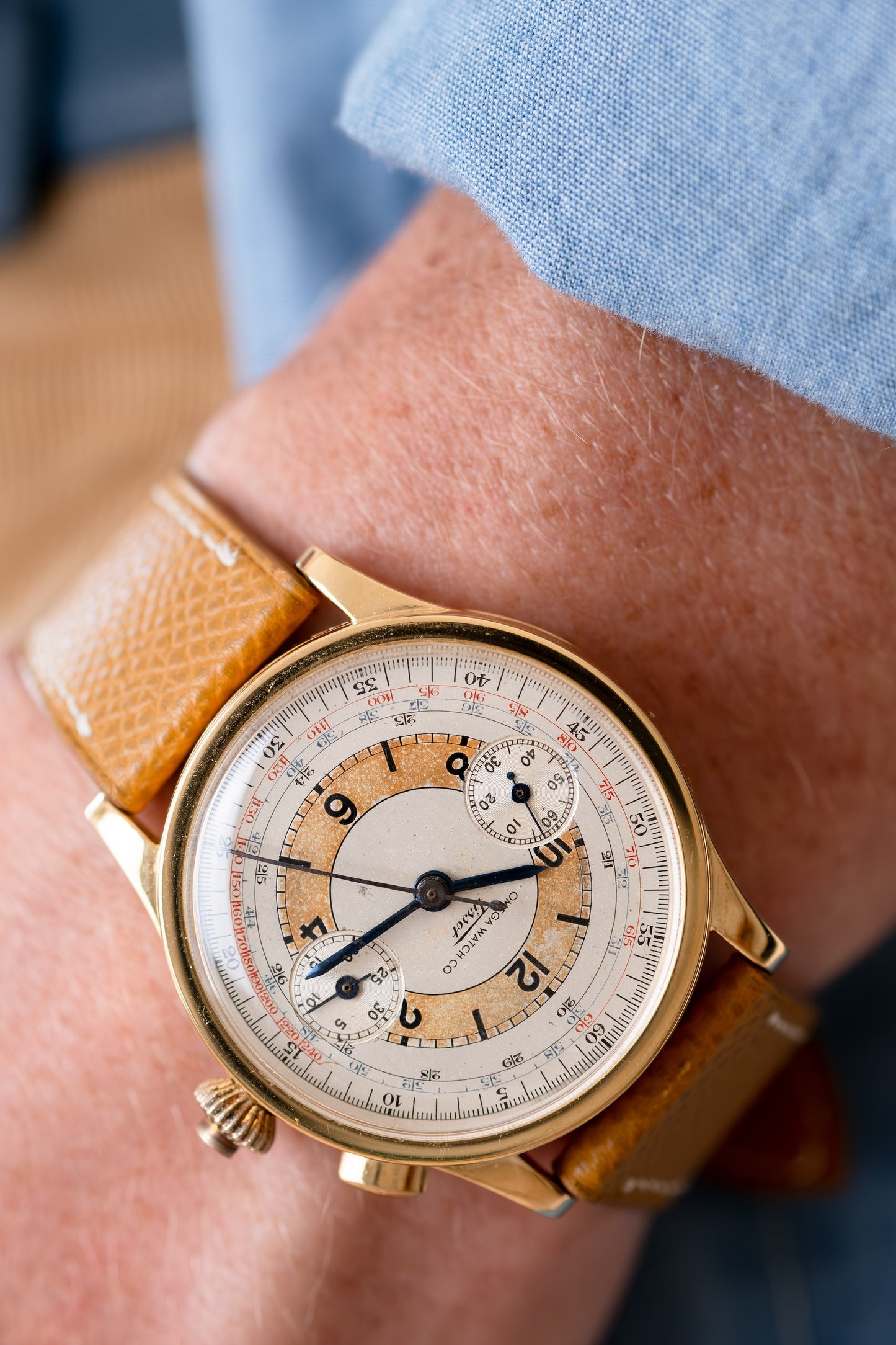 OMEGA TISSOT Single Pusher Chronograph Tropical Sector Dial Cal 15TL (c.1939)