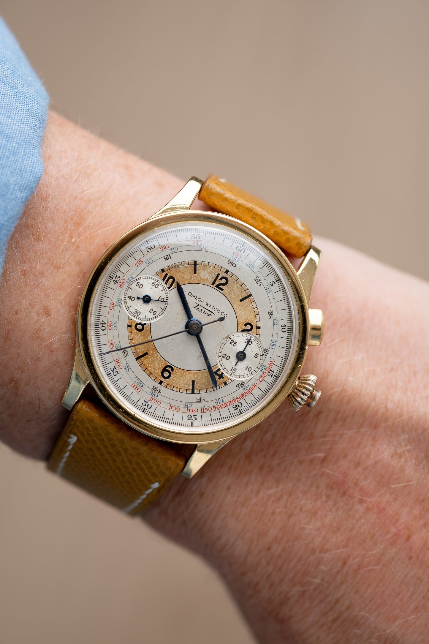OMEGA TISSOT Single Pusher Chronograph Tropical Sector Dial Cal 15TL (c.1939)