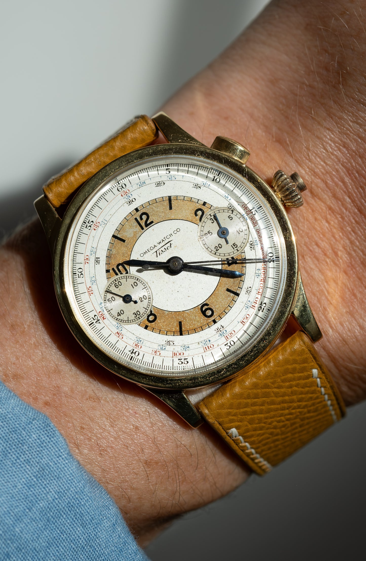 OMEGA TISSOT Single Pusher Chronograph Tropical Sector Dial Cal 15TL (c.1939)