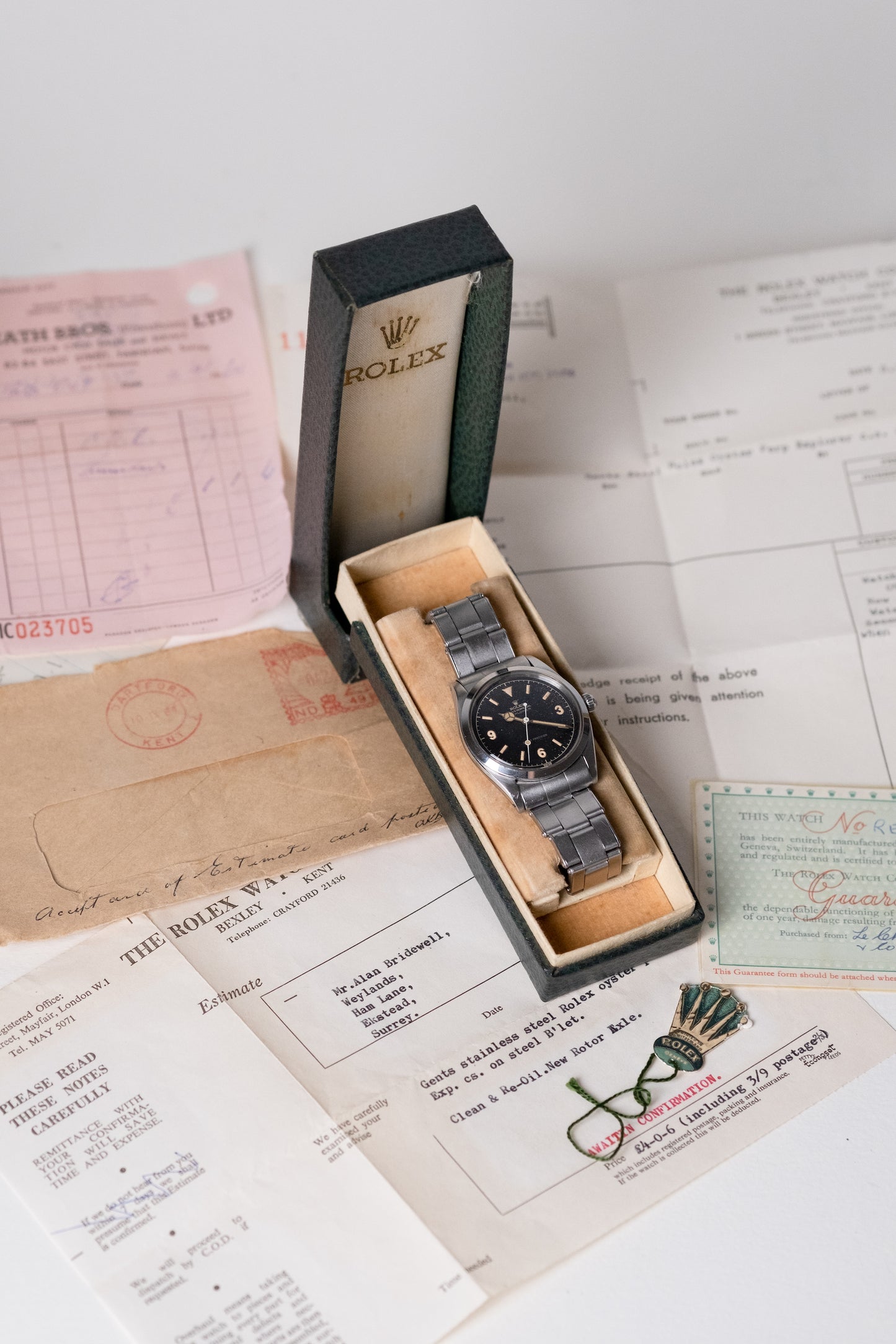 ROLEX Explorer Gilt Dial Ref. 5504 Box, Guarantee + Service Papers (1958)