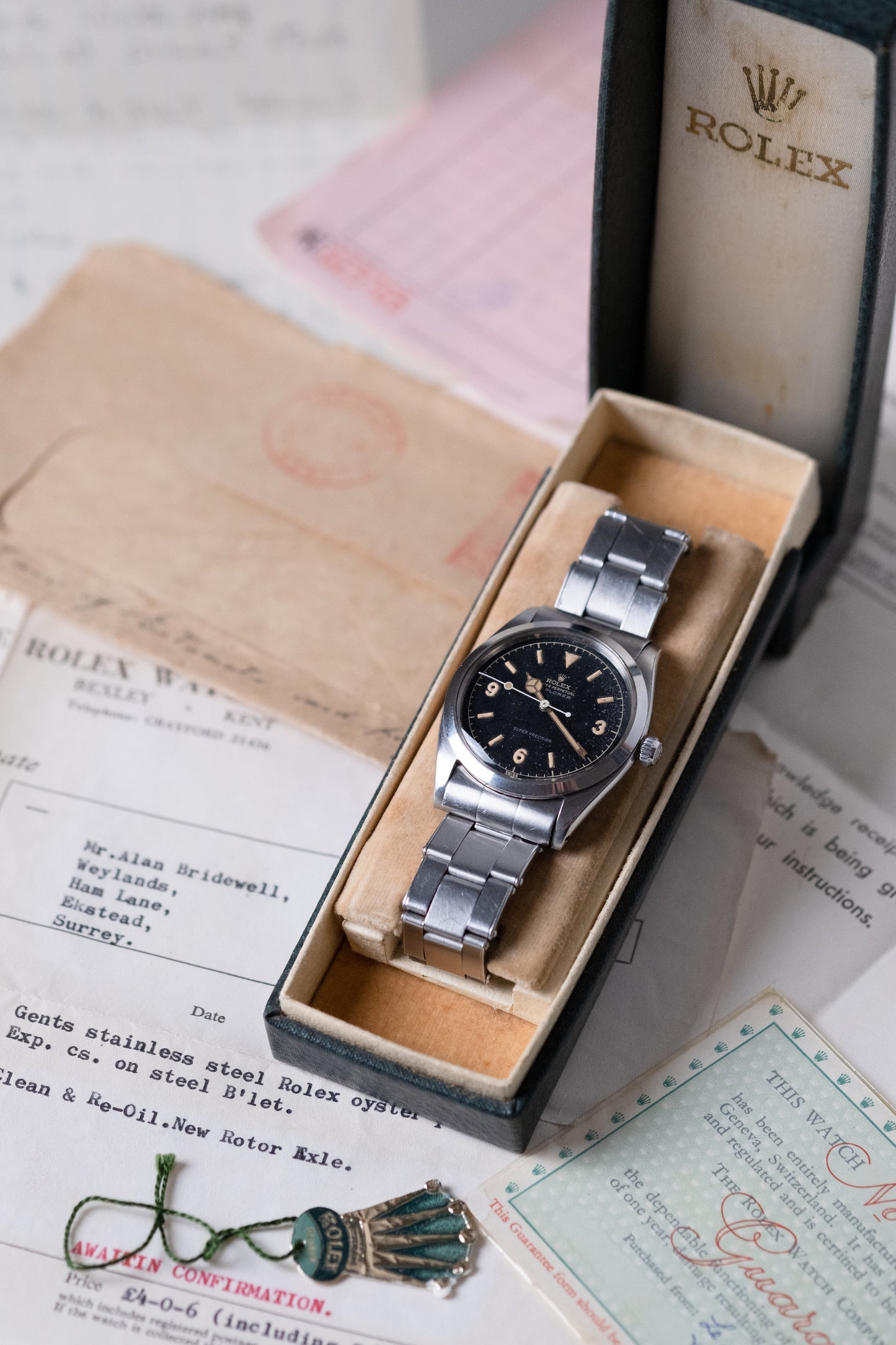 ROLEX Explorer Gilt Dial Ref. 5504 Box, Guarantee + Service Papers (1958)