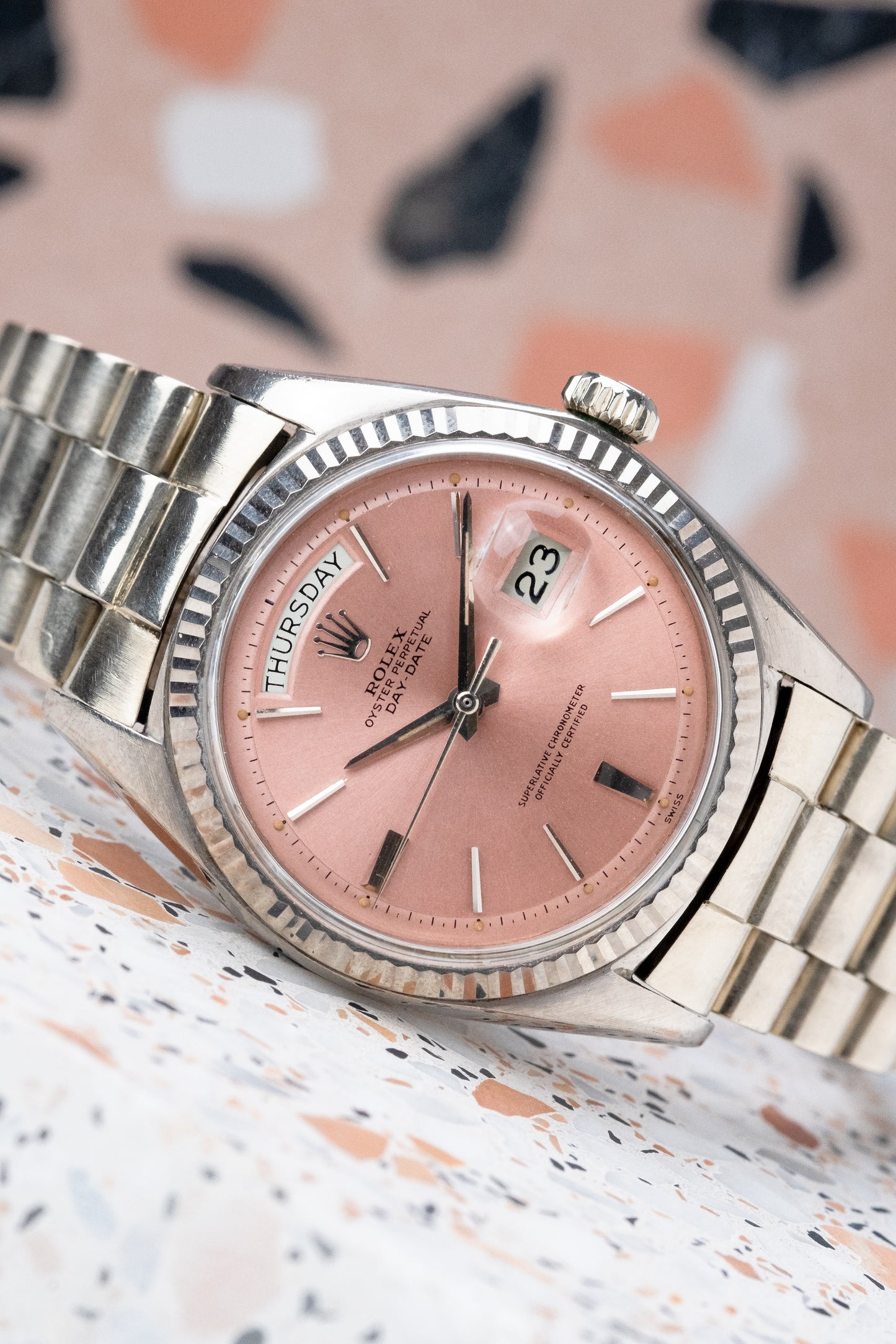 ROLEX Day Date Ref. 1803 Tropical Pink Dial Cigarette Hands White Gold (1963)