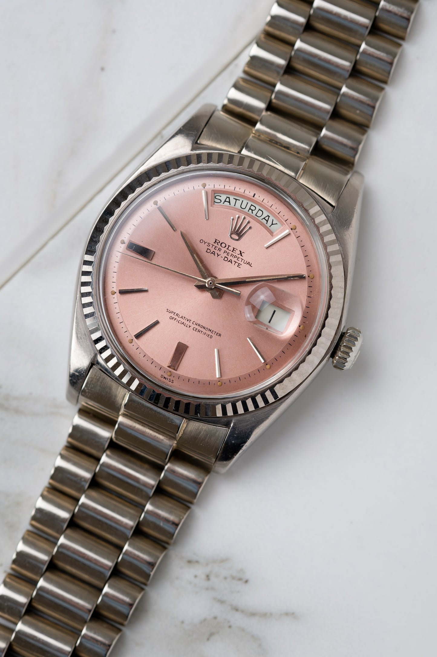 ROLEX Day Date Ref. 1803 Tropical Pink Dial Cigarette Hands White Gold (1963)