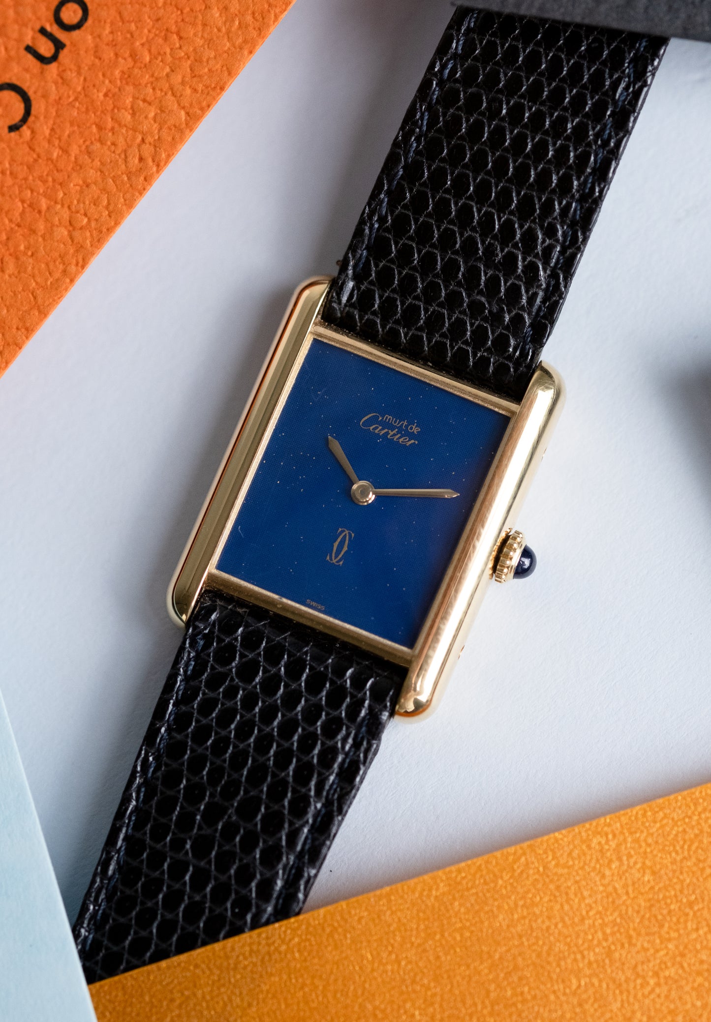 CARTIER Must de Cartier Tank Vermeil Blue Dial Manual Wind Full Set (c. 1980s)