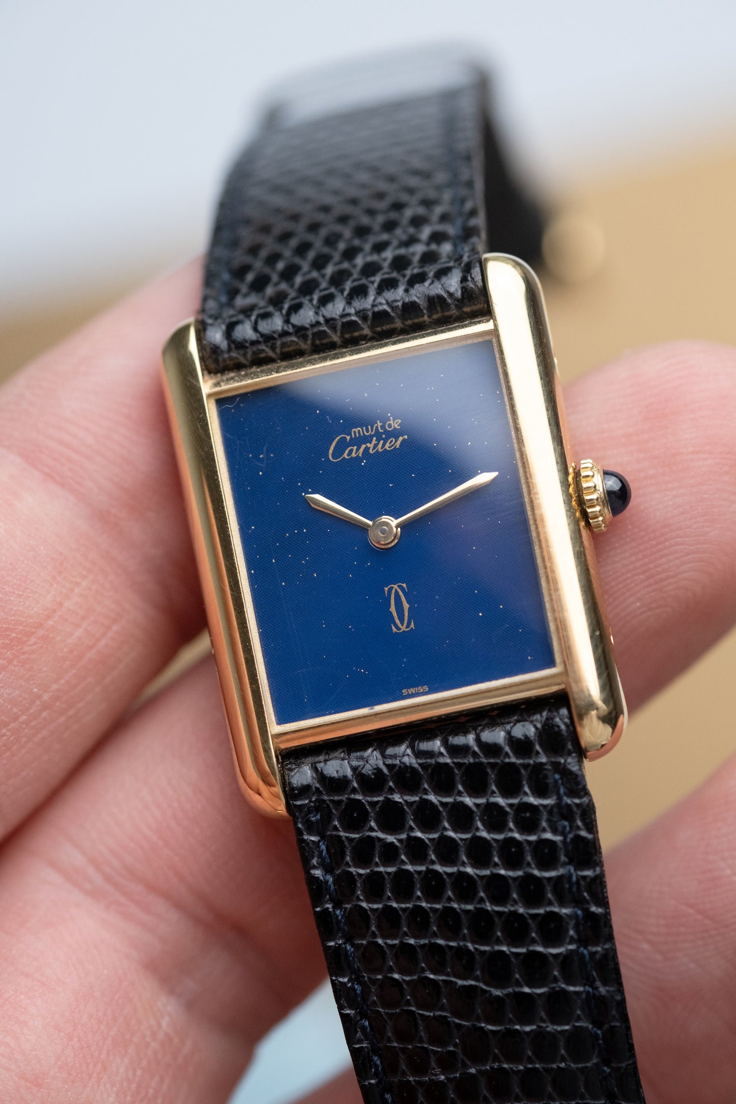 CARTIER Must de Cartier Tank Vermeil Blue Dial Manual Wind Full Set (c. 1980s)