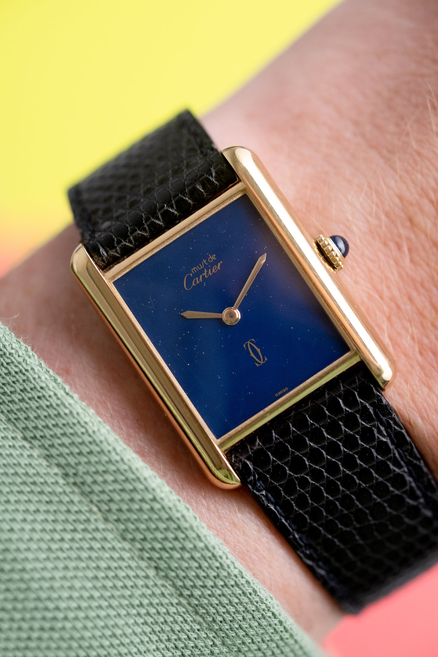 CARTIER Must de Cartier Tank Vermeil Blue Dial Manual Wind Full Set (c. 1980s)