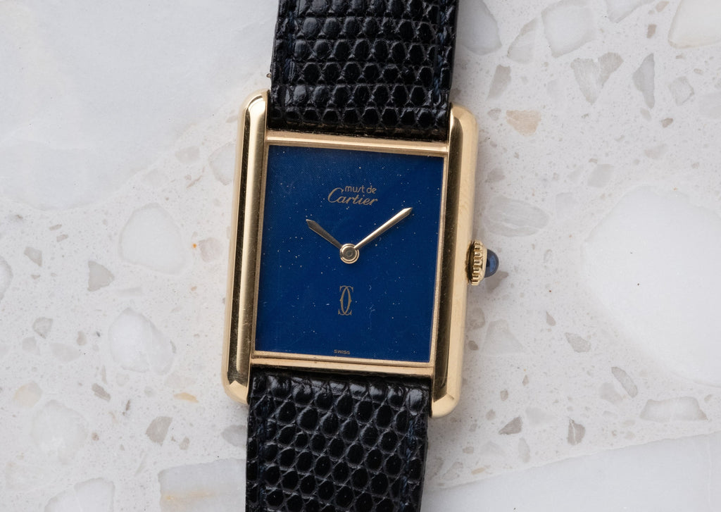 CARTIER Must de Cartier Tank Vermeil Blue Dial Manual Wind Full Set (c. 1980s)