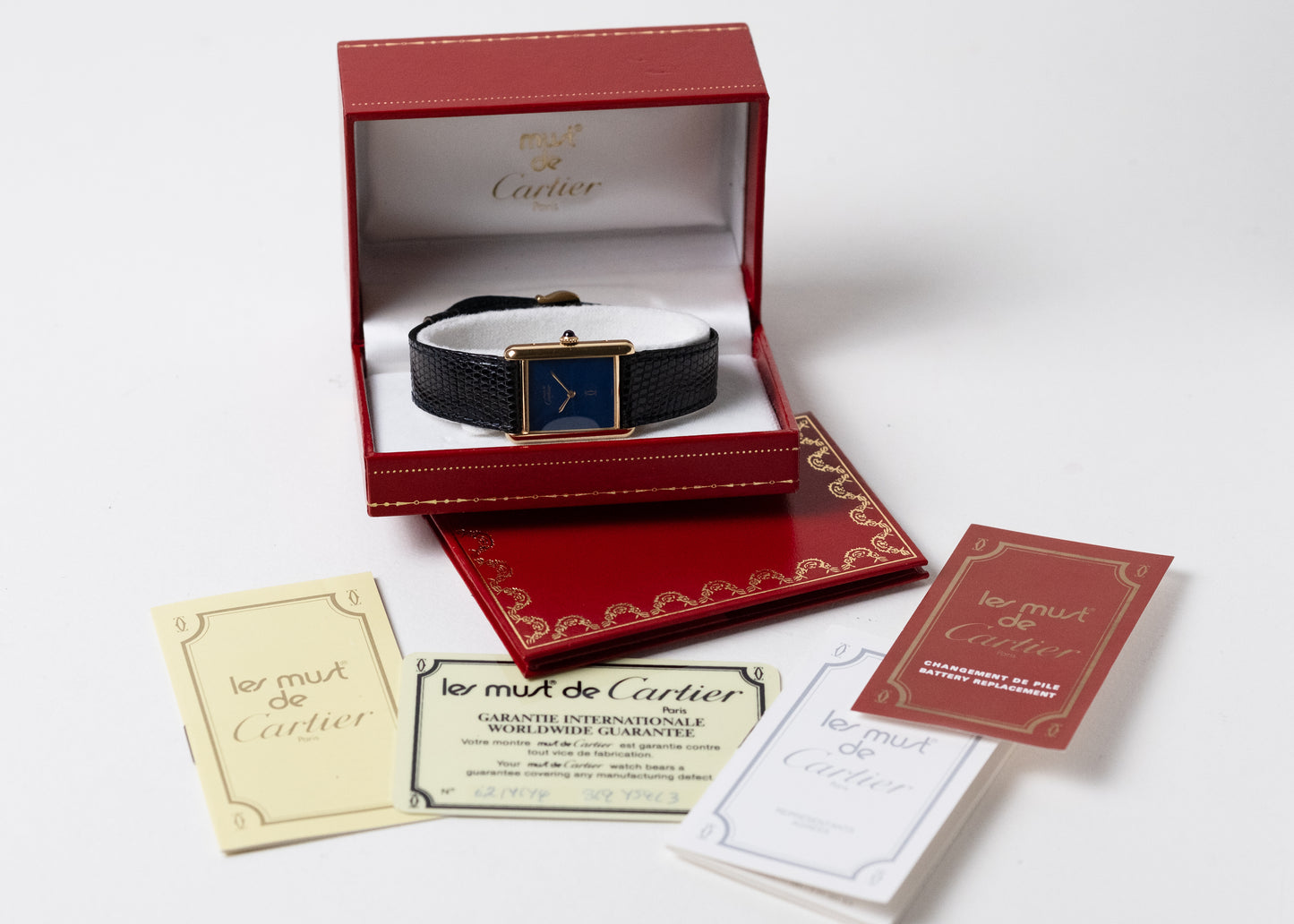 CARTIER Must de Cartier Tank Vermeil Blue Dial Manual Wind Full Set (c. 1980s)