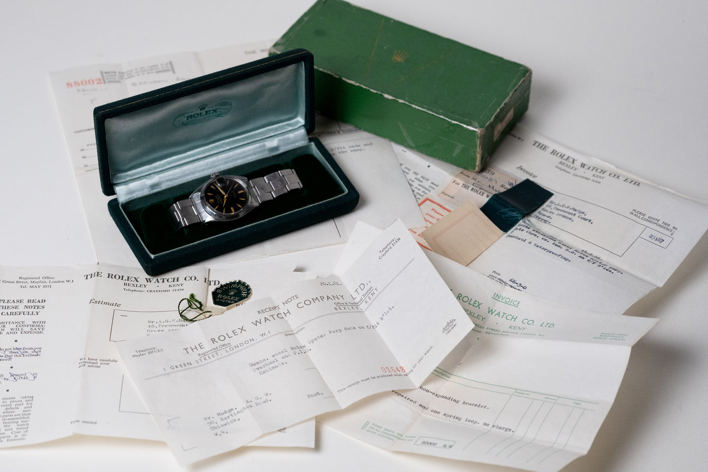 ROLEX Oyster Perpetual Date Gilt Dial Ref. 6534 Boxes and Service Papers (1957)