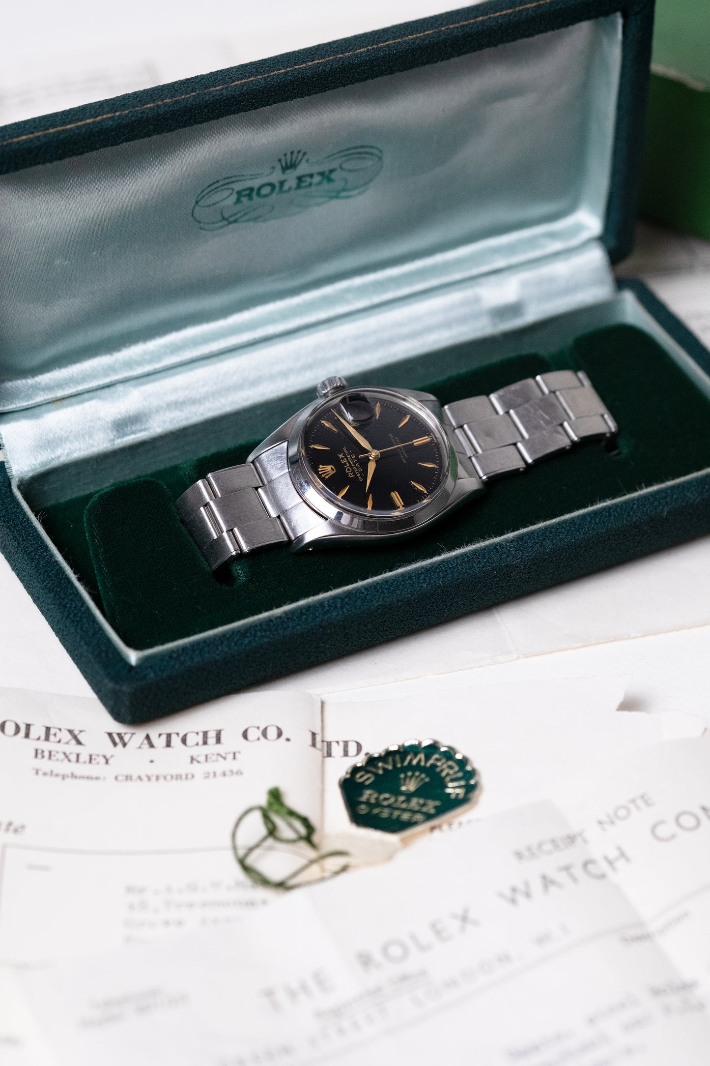 ROLEX Oyster Perpetual Date Gilt Dial Ref. 6534 Boxes and Service Papers (1957)