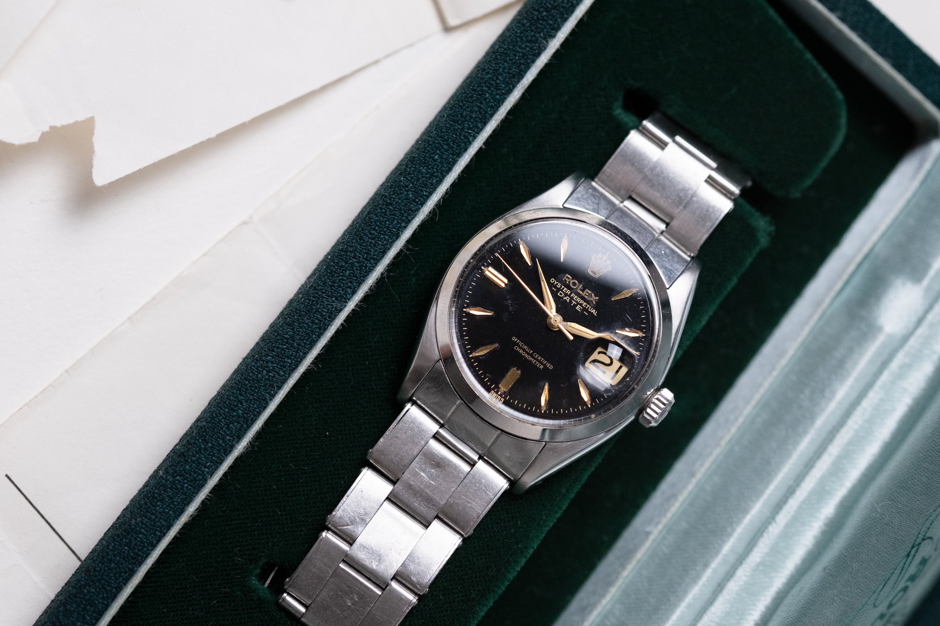 ROLEX Oyster Perpetual Date Gilt Dial Ref. 6534 Boxes and Service Papers (1957)