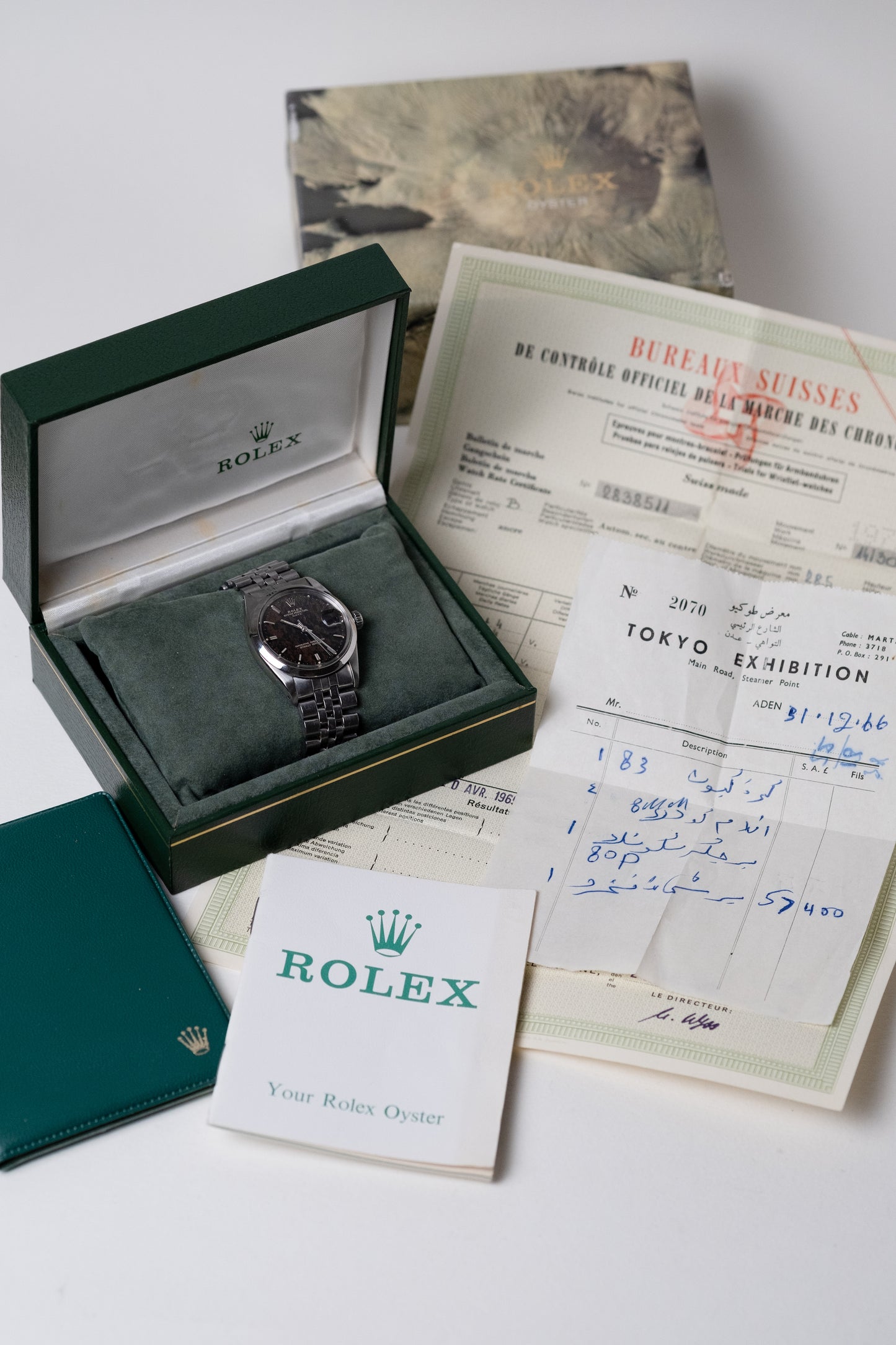 ROLEX Oyster Perpetual Date Ref. 1500 Tropical Camo Dial Box and Papers (1969)