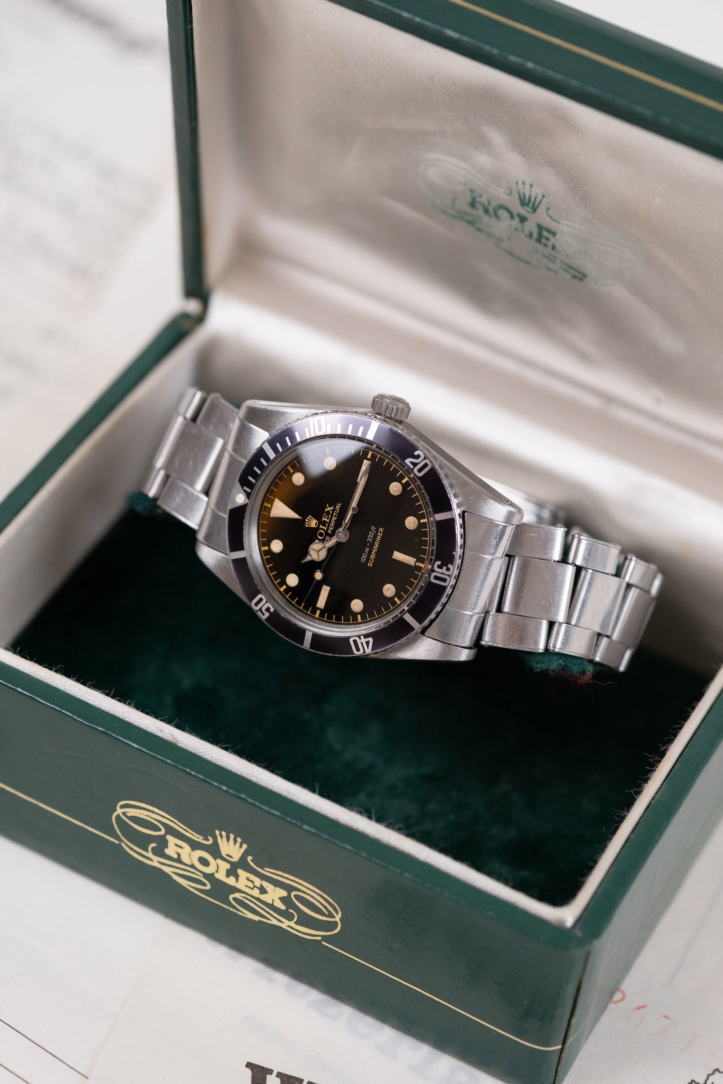 ROLEX Submariner Small Crown Ref. 5508 Gilt Exclamation Point Dial Box, Guarantee and Service Papers (1959)