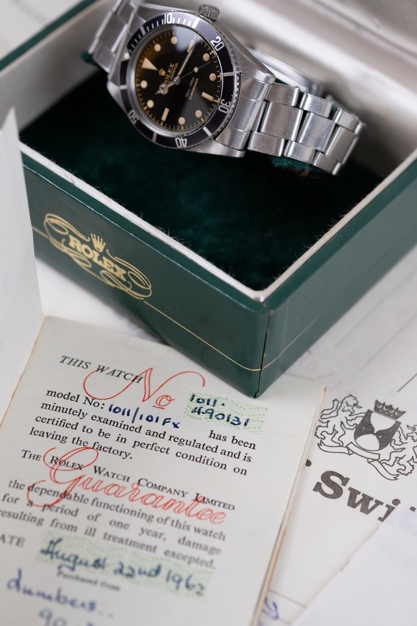 ROLEX Submariner Small Crown Ref. 5508 Gilt Exclamation Point Dial Box, Guarantee and Service Papers (1959)