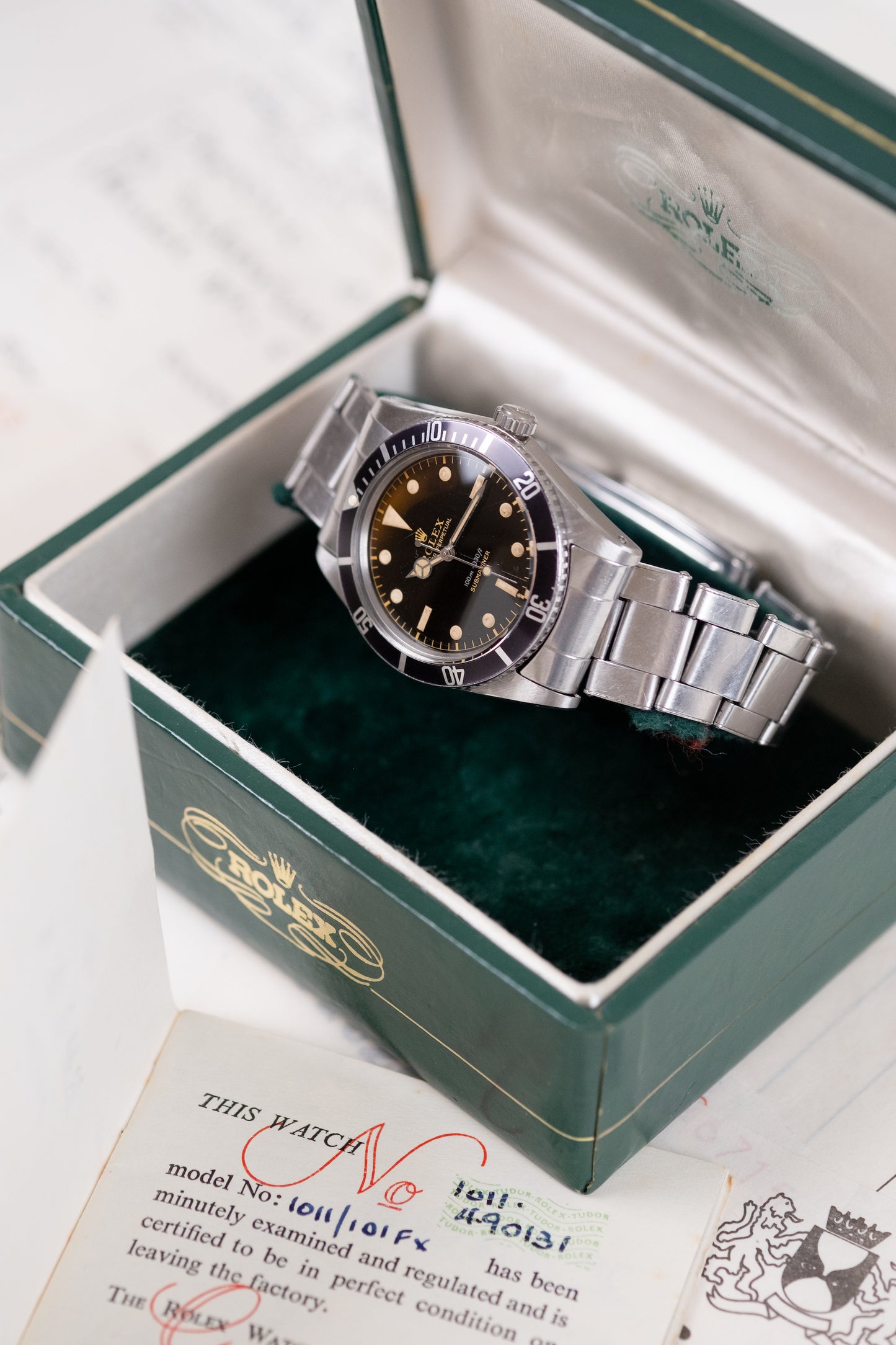 ROLEX Submariner Small Crown Ref. 5508 Gilt Exclamation Point Dial Box, Guarantee and Service Papers (1959)