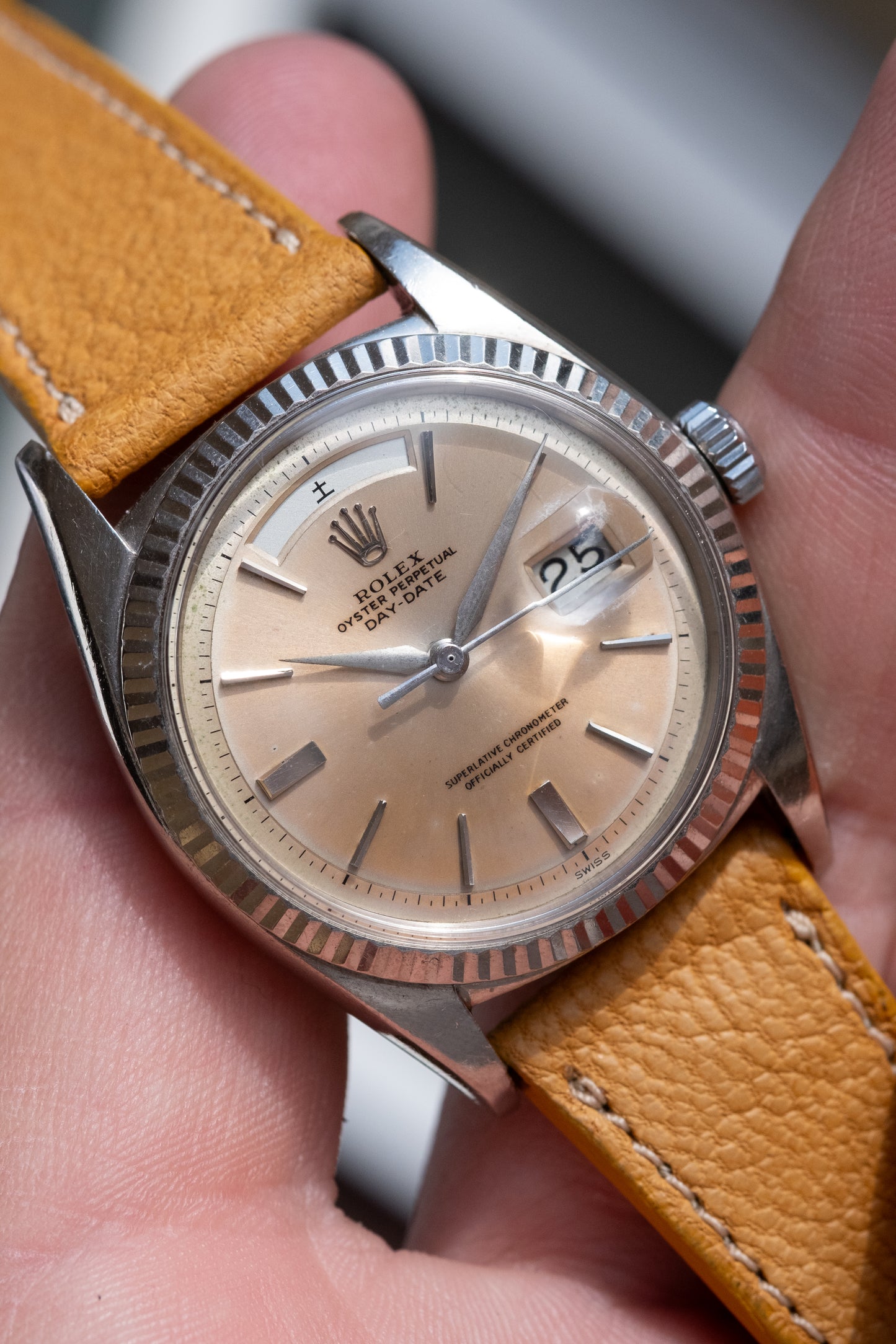 ROLEX Day Date Reference 1803 Tropical Salmon Pink Dial No lume Kanji Japanese Disc (1962)