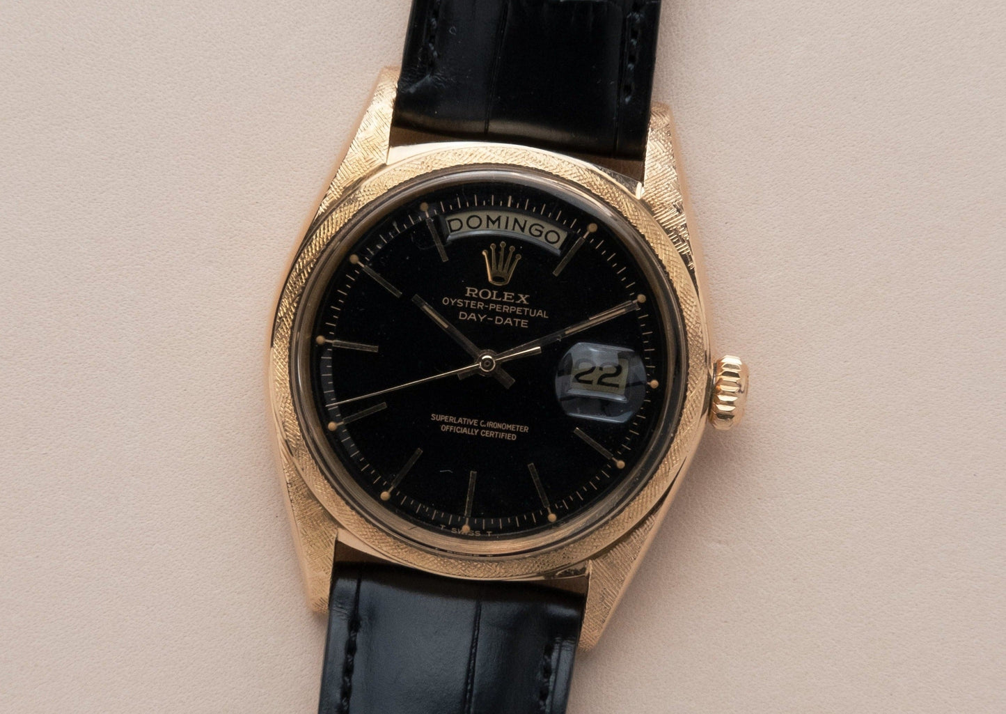ROLEX Day Date 18k Rose Gold Black Gloss Dial Florentine Ref. 1806 w/ stamped COSC paper(1966)