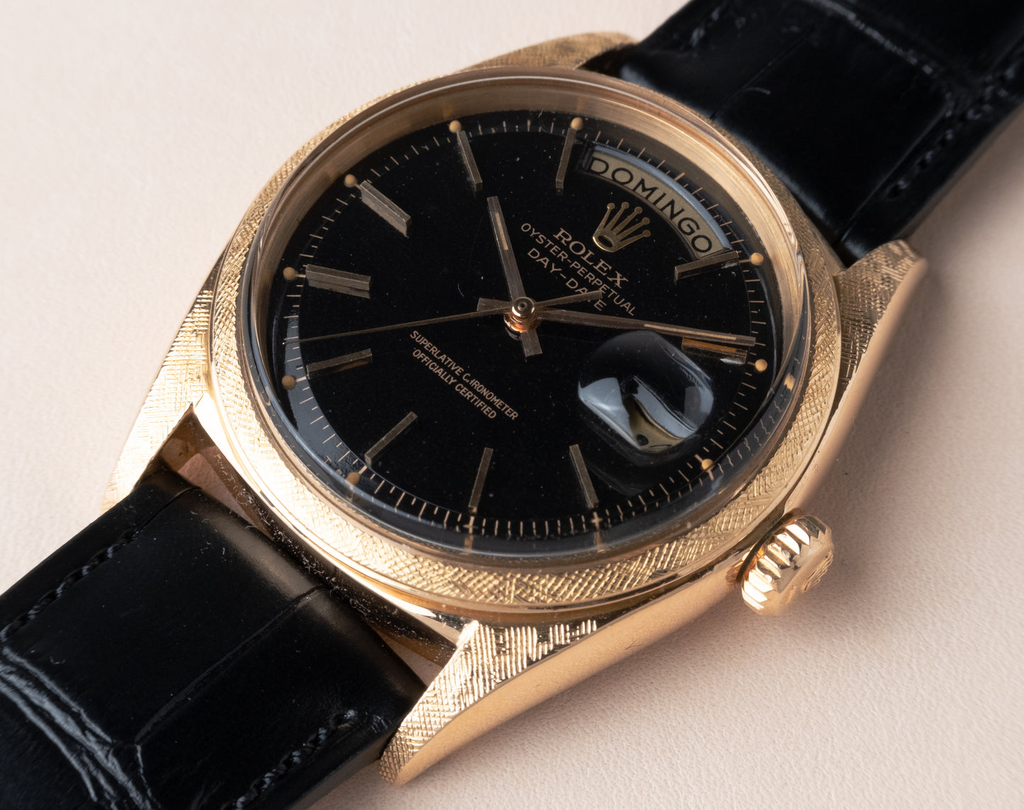 ROLEX Day Date 18k Rose Gold Black Gloss Dial Florentine Ref. 1806 w/ stamped COSC paper(1966)