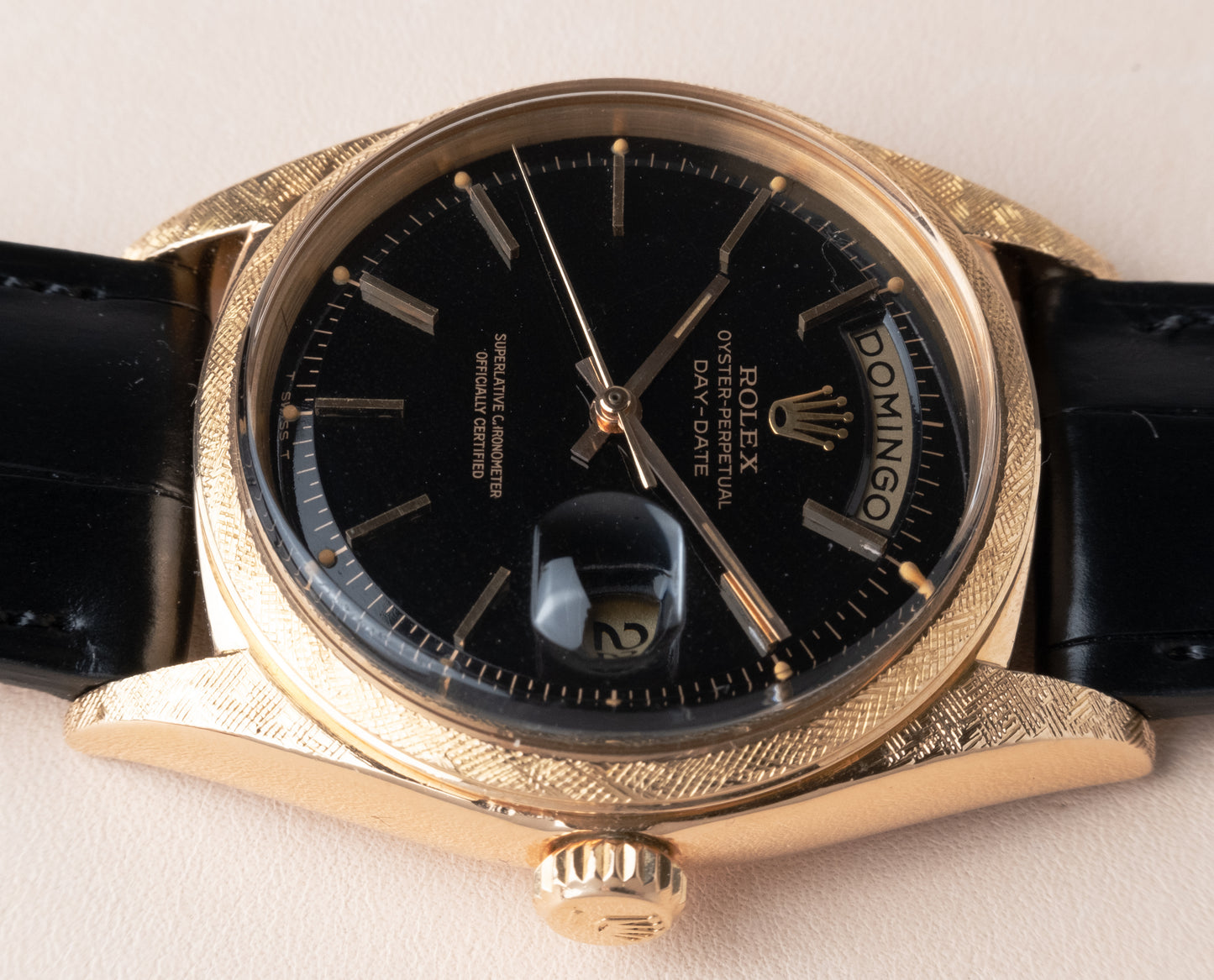 ROLEX Day Date 18k Rose Gold Black Gloss Dial Florentine Ref. 1806 w/ stamped COSC paper(1966)