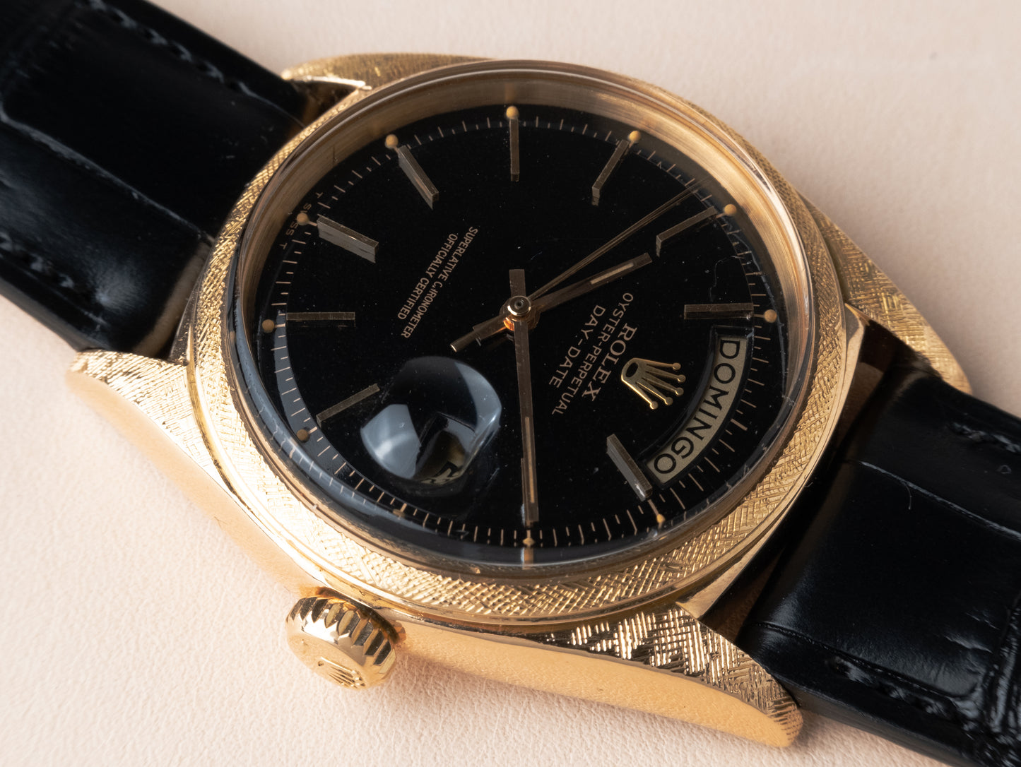 ROLEX Day Date 18k Rose Gold Black Gloss Dial Florentine Ref. 1806 w/ stamped COSC paper(1966)