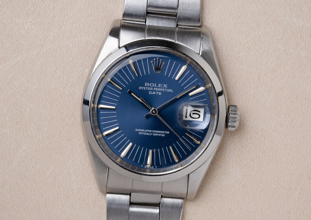 ROLEX Oyster Perpetual Date ref. 1500 RARE Long Index Blue Dial Box + Guarantee (1971)