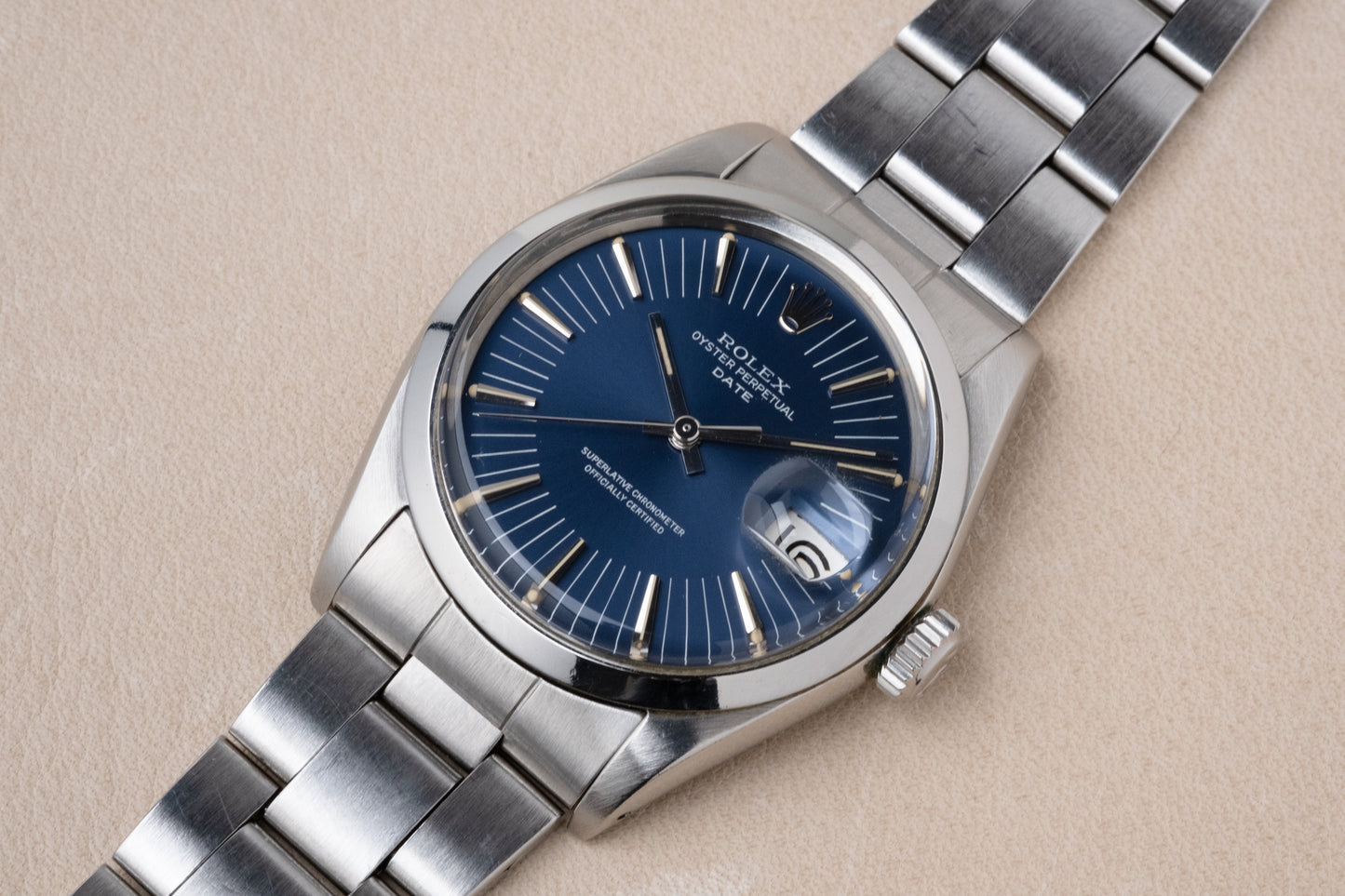 ROLEX Oyster Perpetual Date ref. 1500 RARE Long Index Blue Dial Box + Guarantee (1971)