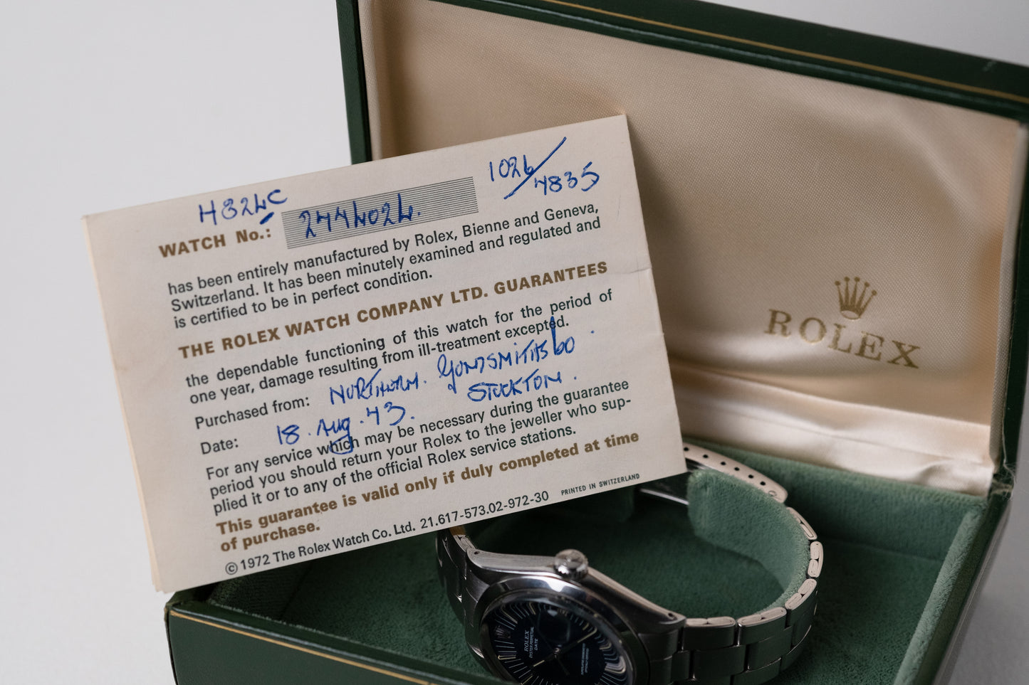 ROLEX Oyster Perpetual Date ref. 1500 RARE Long Index Blue Dial Box + Guarantee (1971)