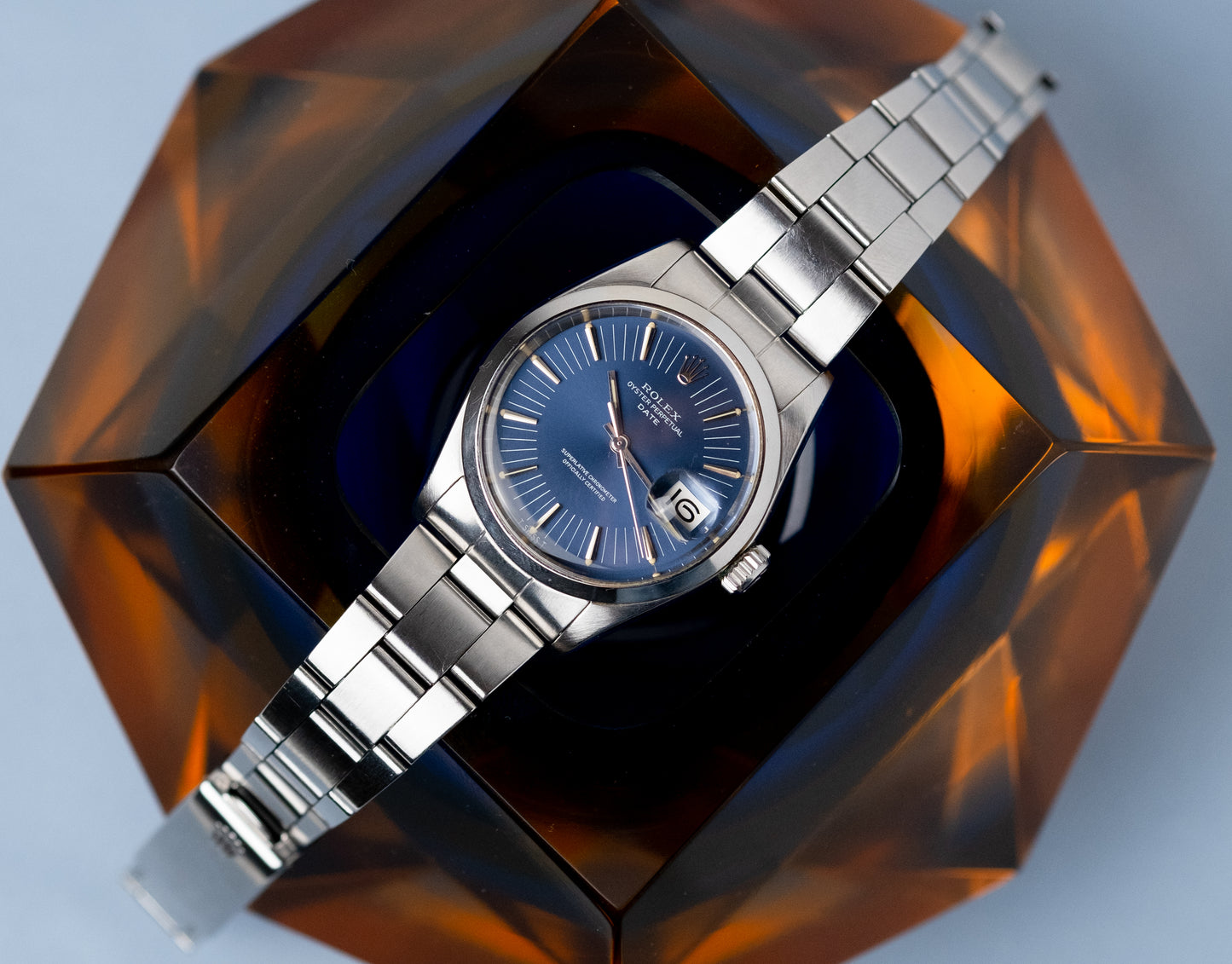 ROLEX Oyster Perpetual Date ref. 1500 RARE Long Index Blue Dial Box + Guarantee (1971)